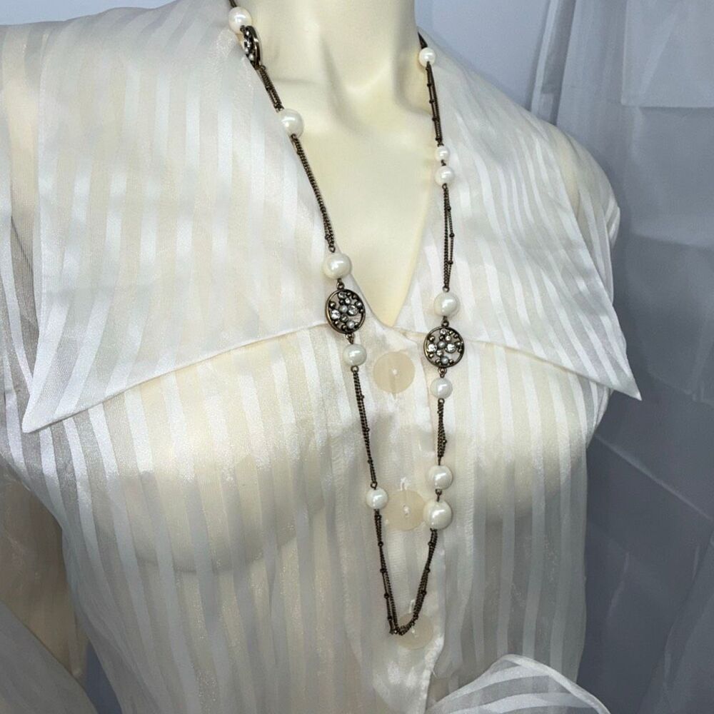 Ralph Lauren RL 32” Pearl Rhinestone Medallion Long Necklace Bronze Tone Stateme